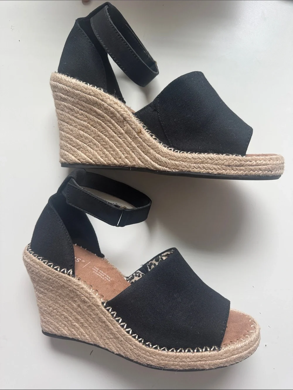 Toms Black Canvas Espadrille Wedge Sandals with Ankle Strap